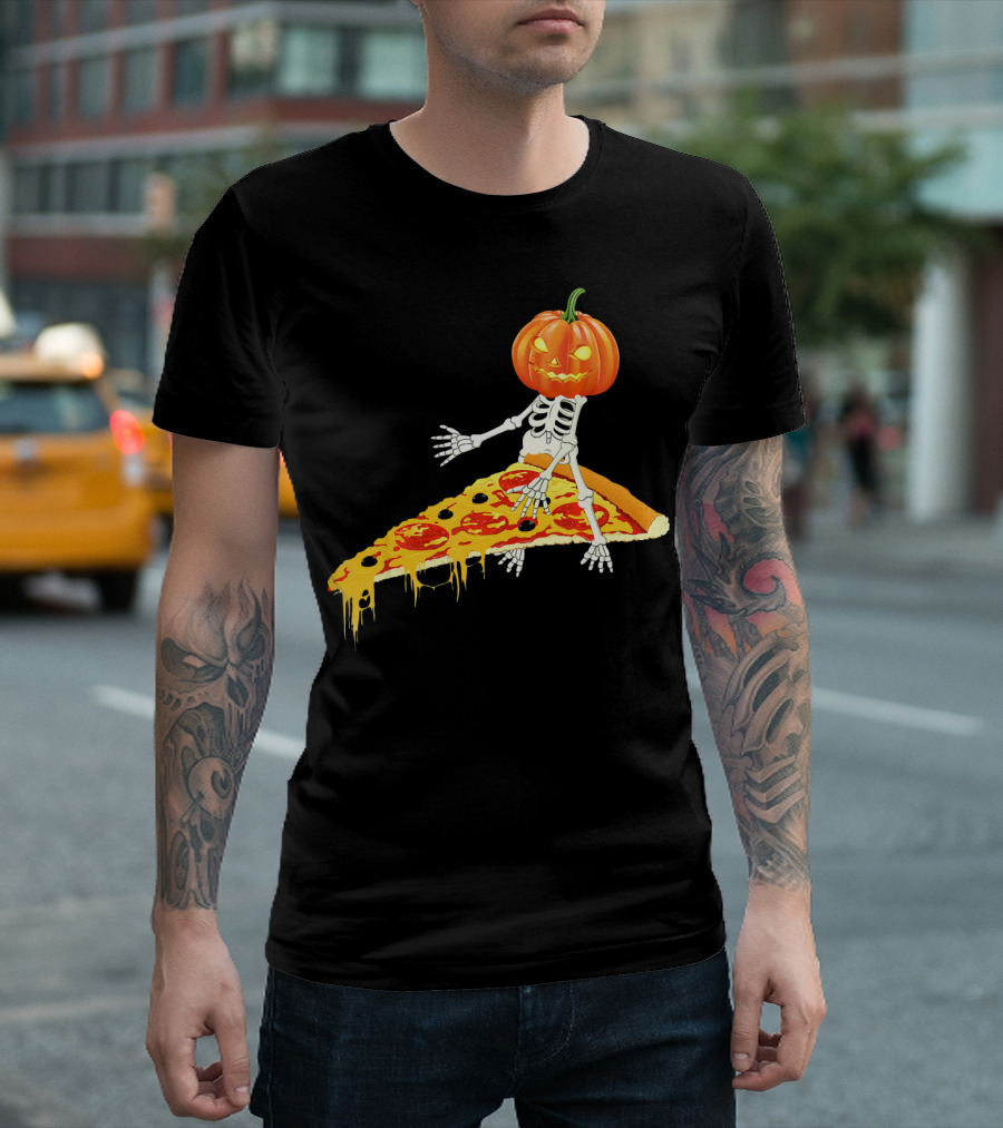 Pumpkin Head Skeleton Sitting on Pizza Slice with Pepperoni T-Shirt