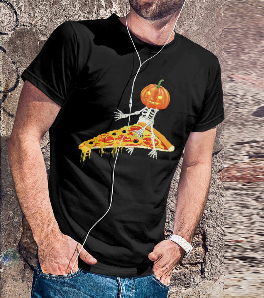 Pumpkin Head Skeleton Sitting On Pizza Slice With Pepperoni T-Shirt
