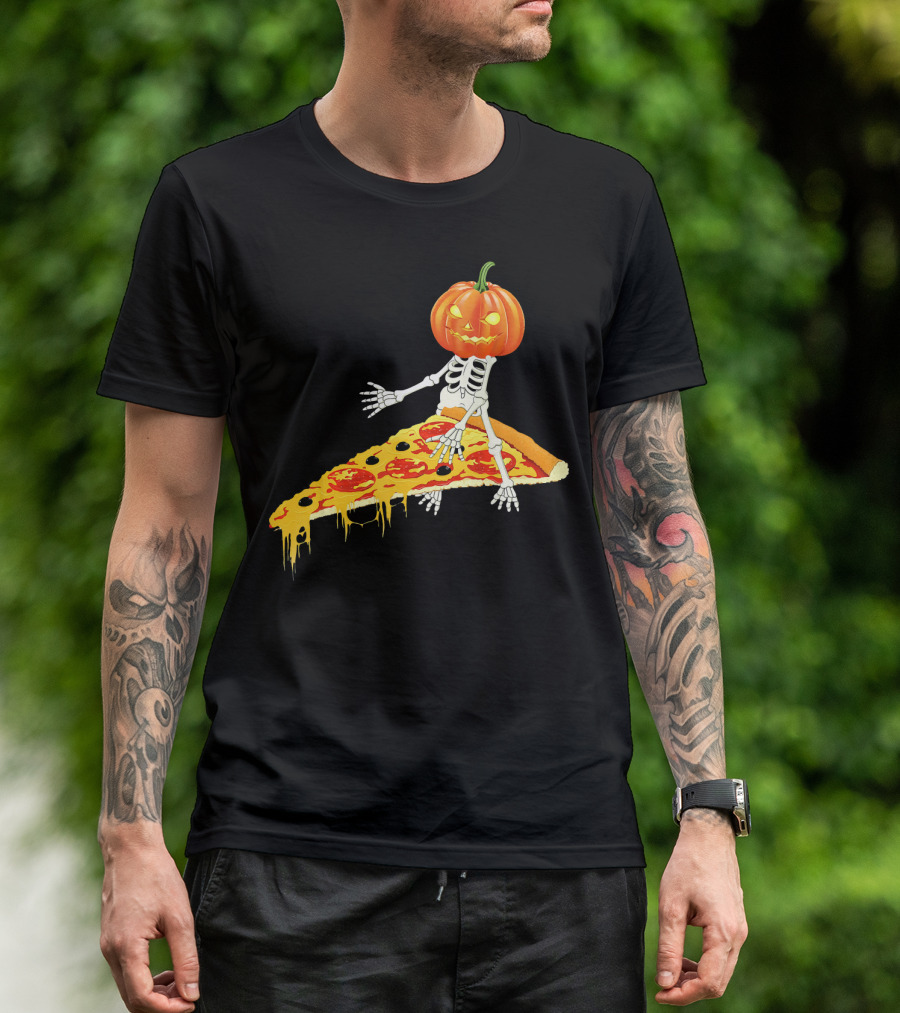 Pumpkin Head Skeleton Sitting On Pizza Slice With Pepperoni T-Shirt
