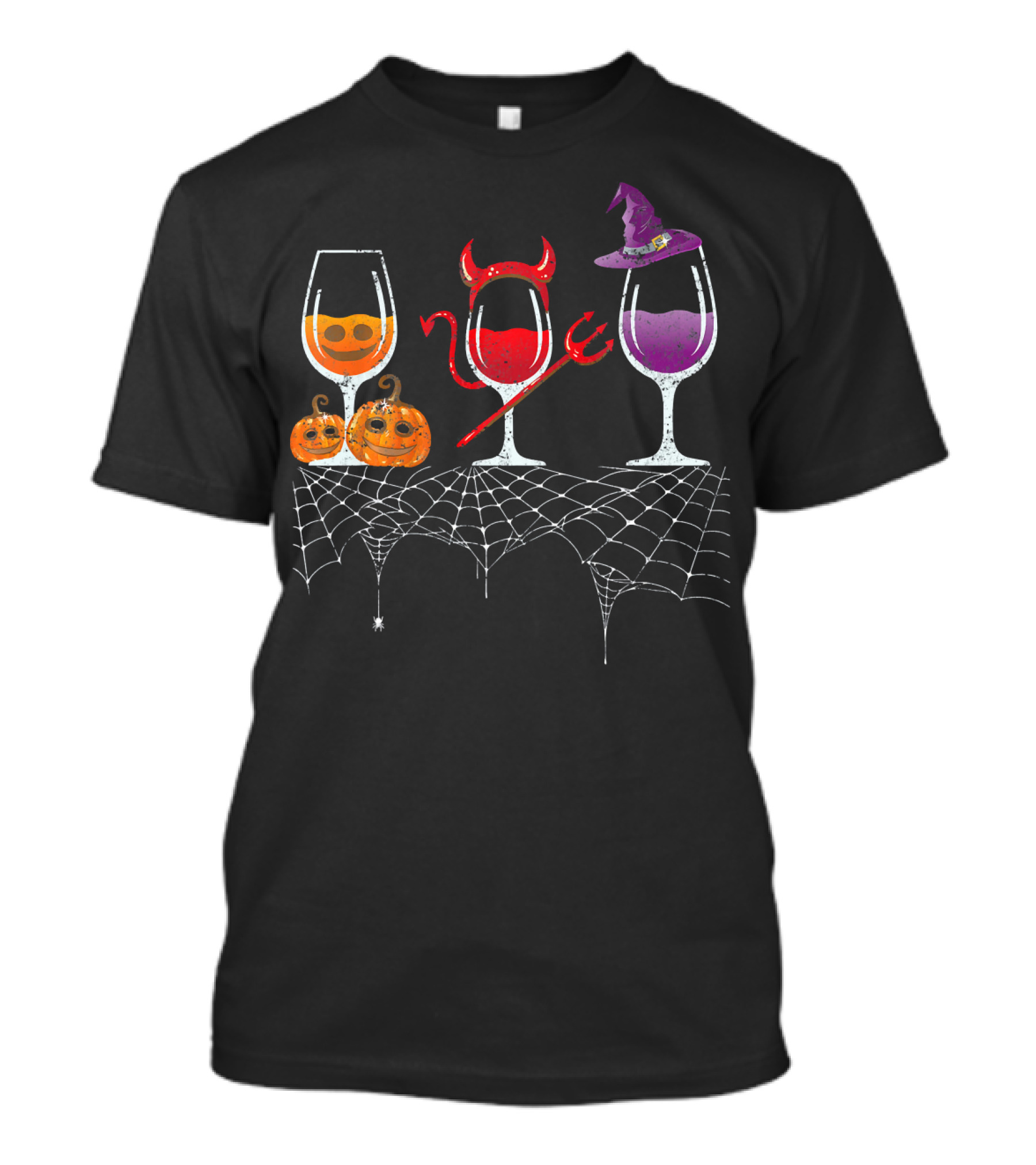 Vintage Halloween Red Devil Purple Witch Wine Glass Pumpkin Faces T-Shirt