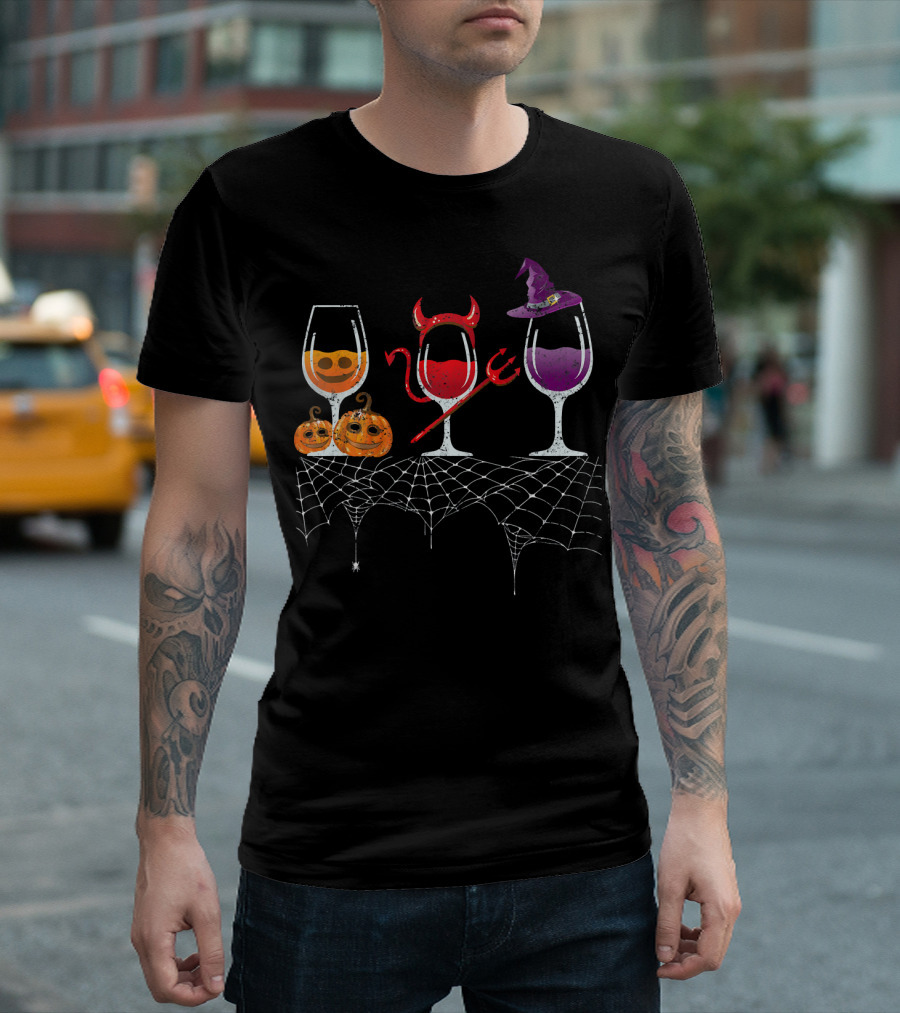 Vintage Halloween Red Devil Purple Witch Wine Glass Pumpkin Faces T-Shirt