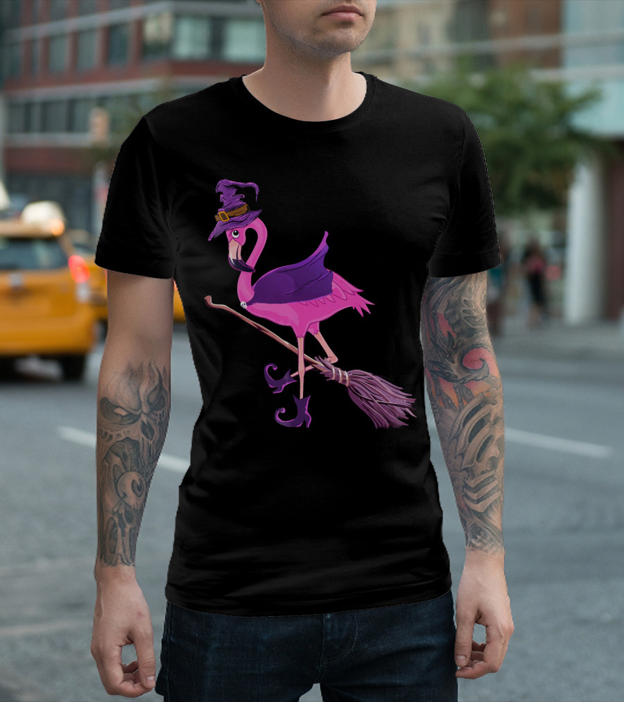 Flamingo Witch Riding Broomstick Funny Halloween T-Shirt