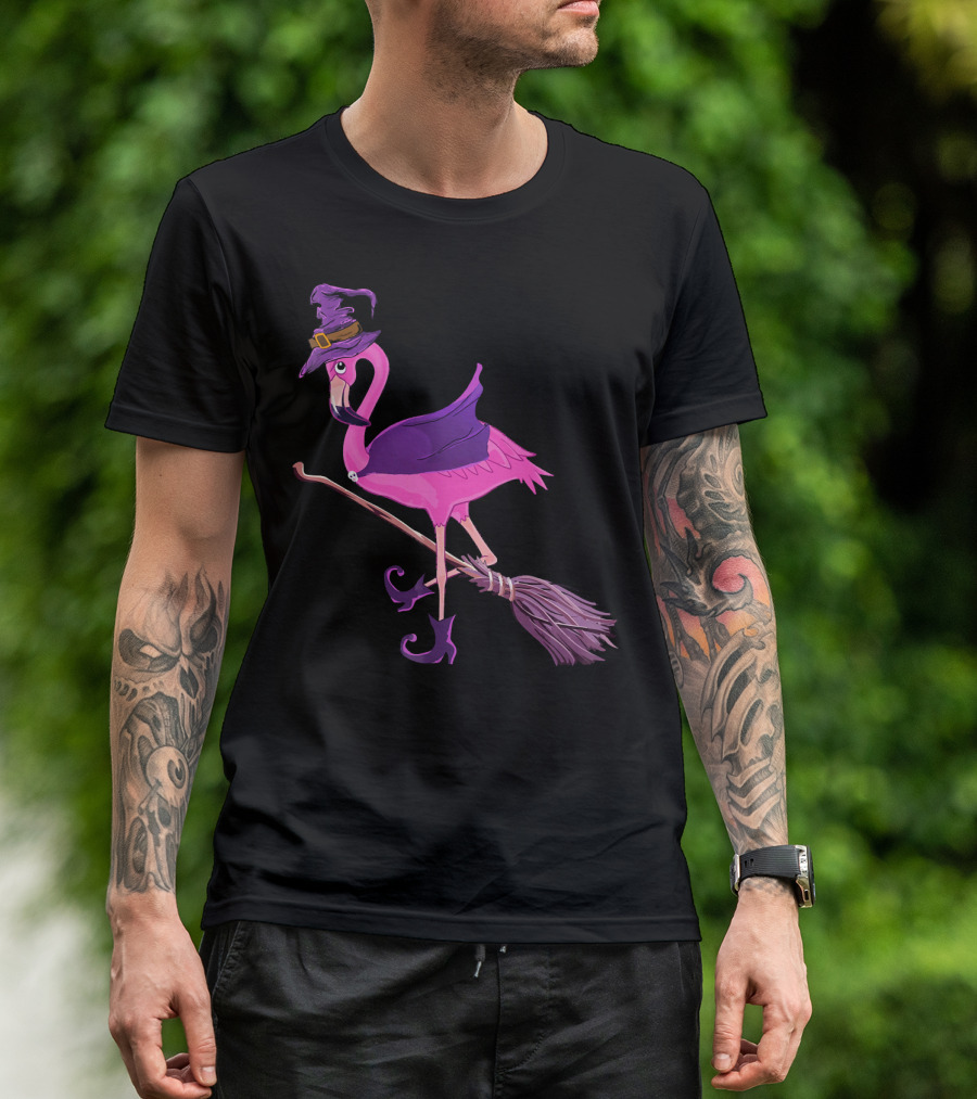 Flamingo Witch Riding Broomstick Funny Halloween T-Shirt