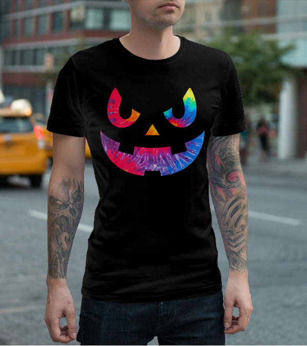 Scary Rainbow Tie Dye Jack O Lantern Face T-Shirt