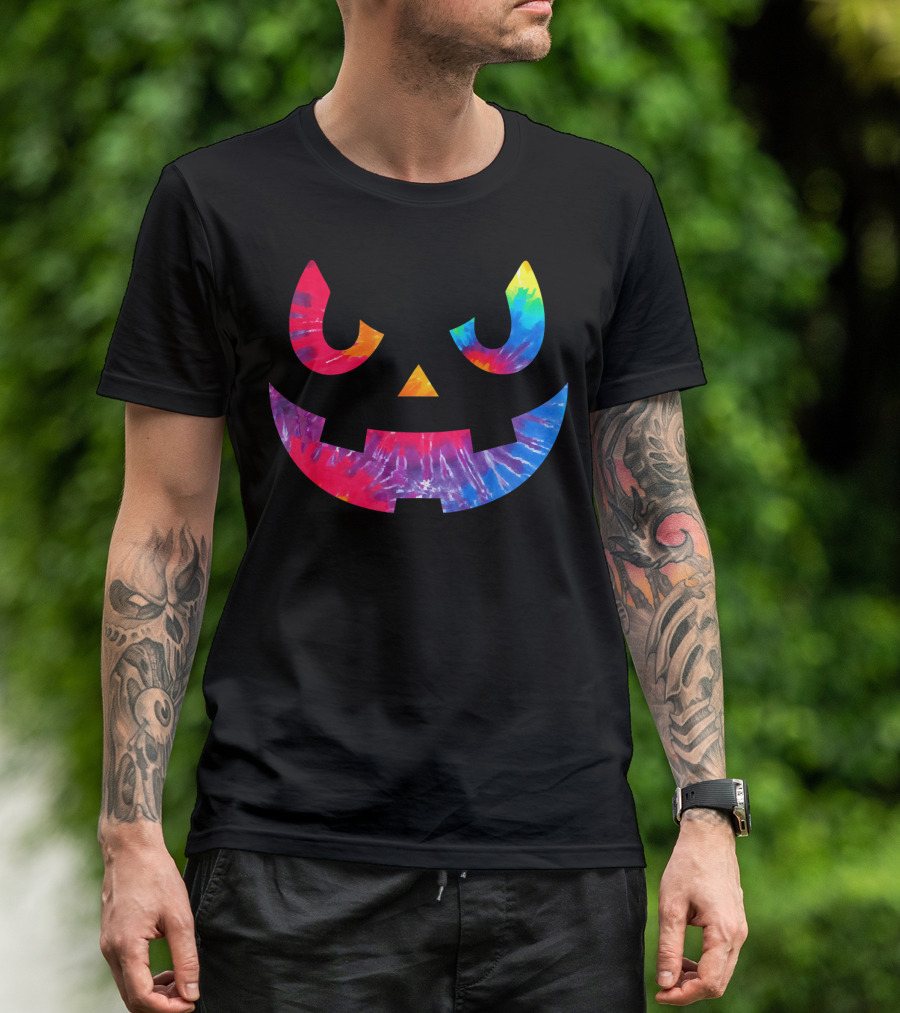 Scary Rainbow Tie Dye Jack O Lantern Face T-Shirt