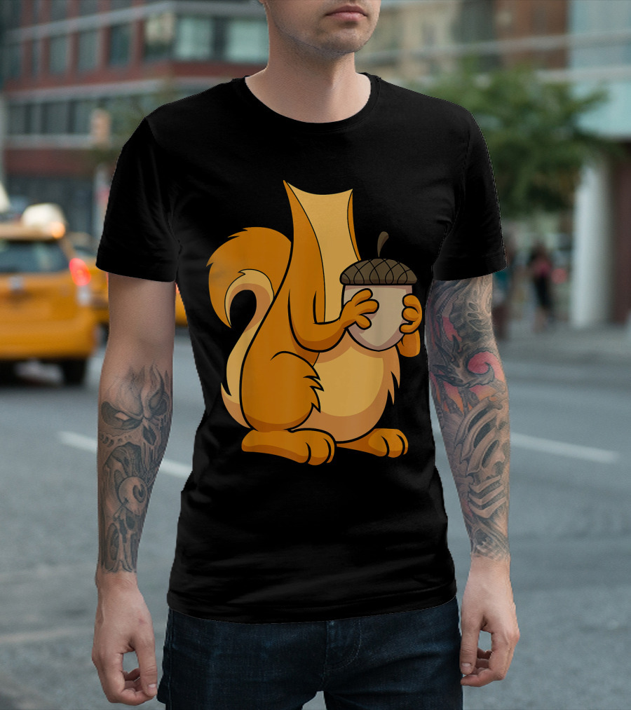Squirrel Holding Acorn Cartoon T-Shirt