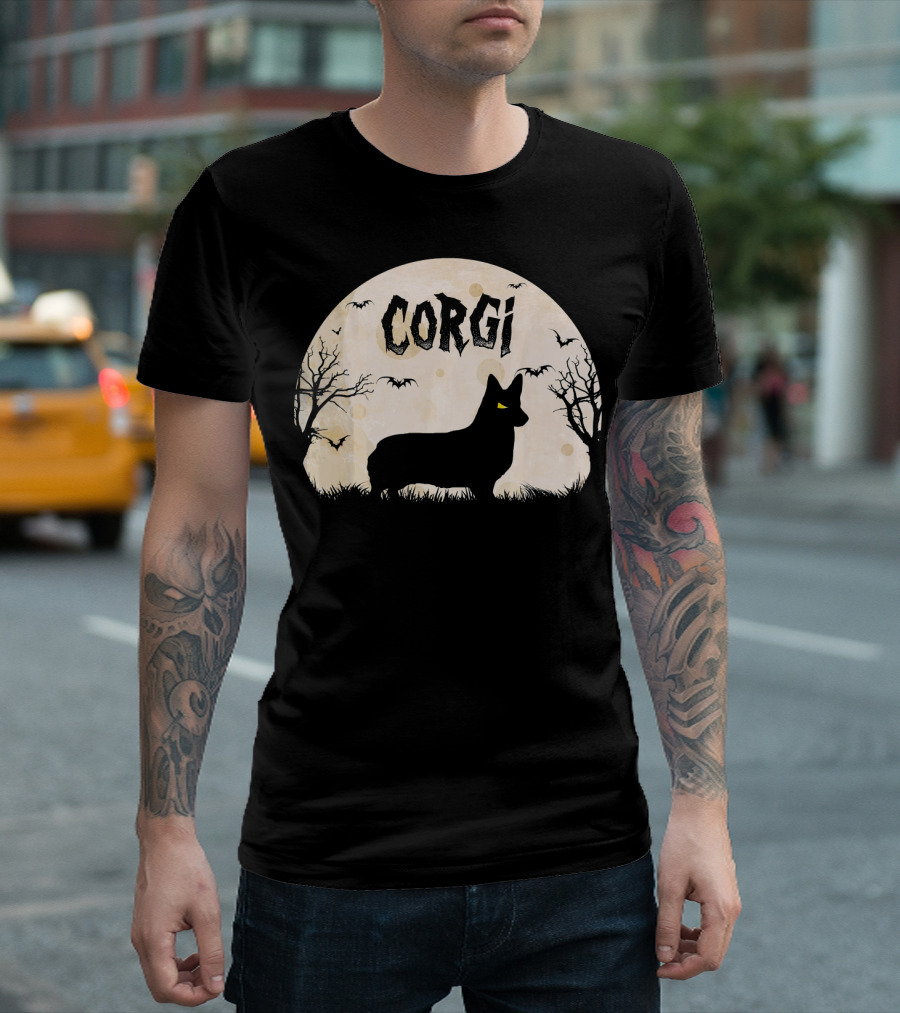 Corgi Halloween Horror Silhouette with Moon and Bats T-Shirt