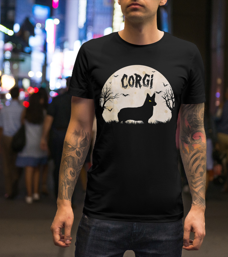 Corgi Halloween Horror Silhouette With Moon And Bats T-Shirt