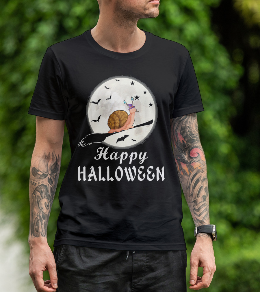 Happy Halloween Snail Riding Broomstick With Full Moon And Bats T-Shirt