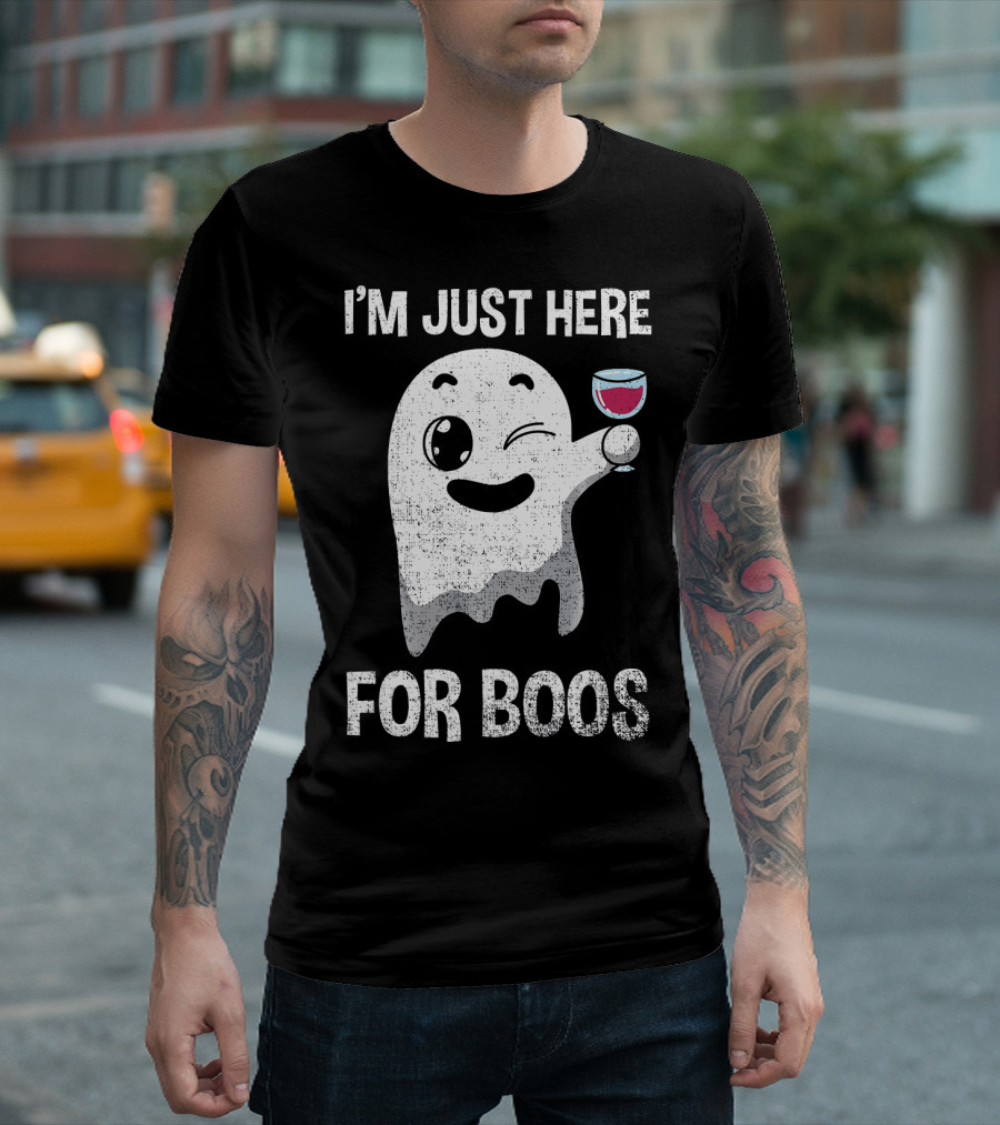 I'M JUST HERE FOR BOOS Ghost Holding Wine Glass T-Shirt