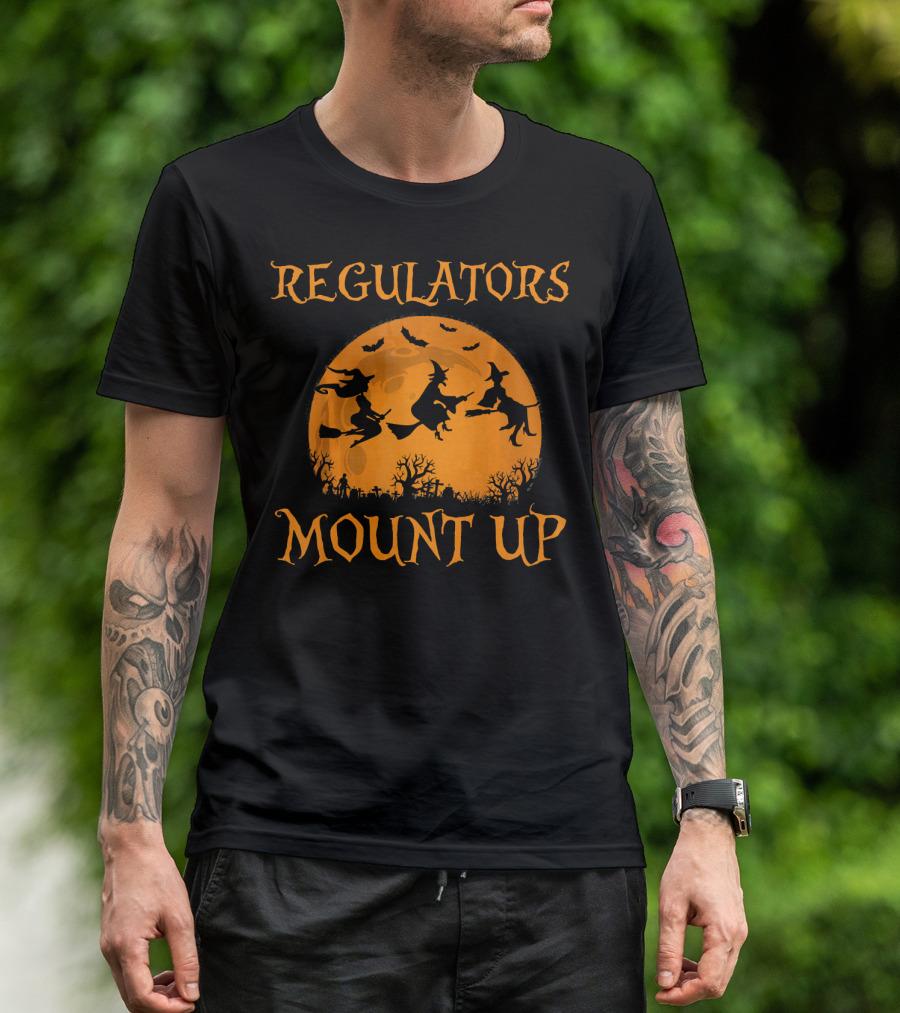 Regulators Mount Up Halloween Witch Flying Broomsticks Moon Scene T-Shirt