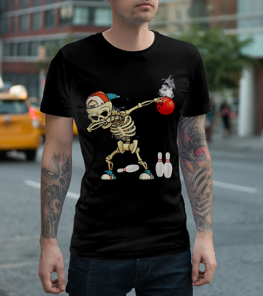 Dabbing Skeleton Holding Red Bowling Ball with Pins T-Shirt