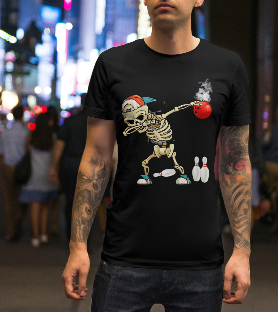 Dabbing Skeleton Holding Red Bowling Ball With Pins T-Shirt