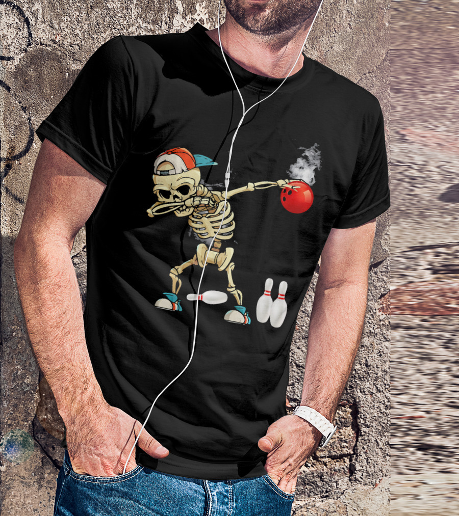 Dabbing Skeleton Holding Red Bowling Ball With Pins T-Shirt