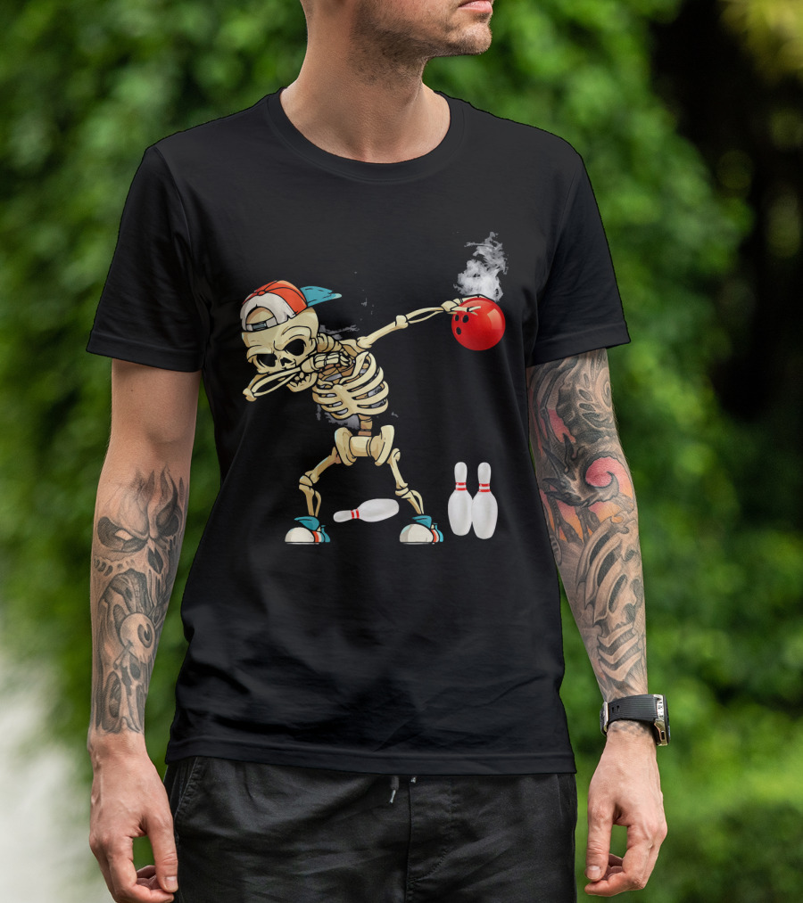 Dabbing Skeleton Holding Red Bowling Ball With Pins T-Shirt
