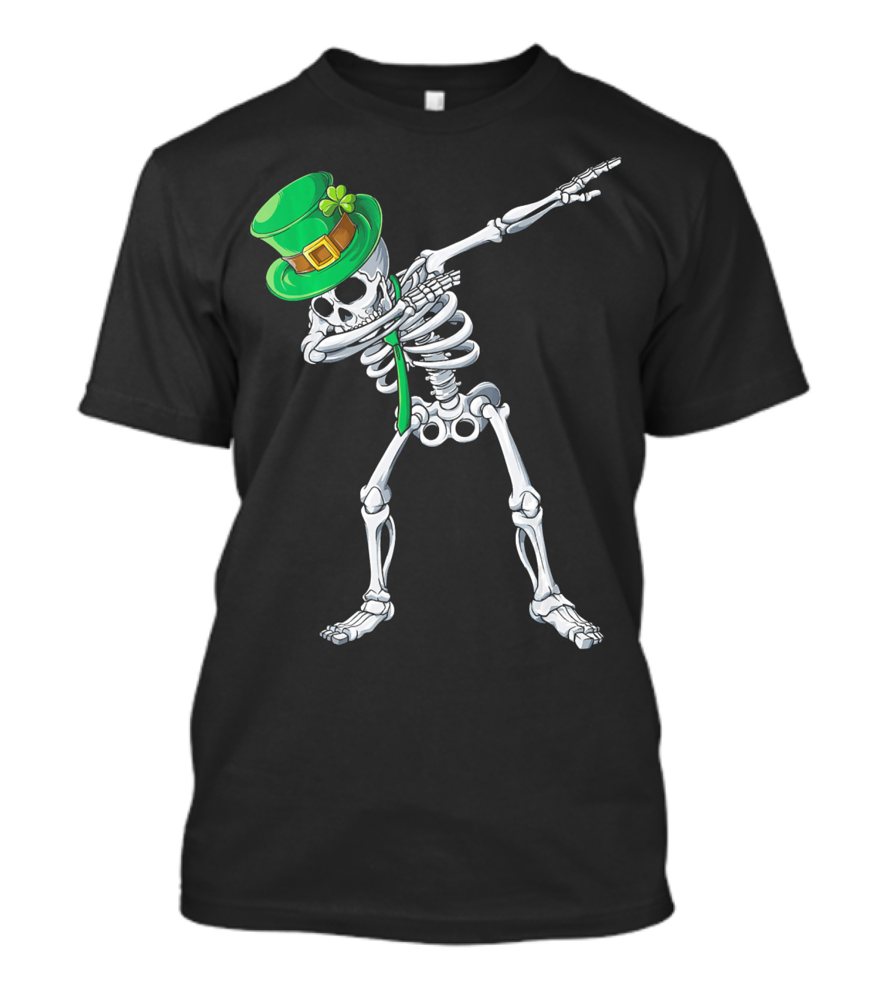 Dabbing Skeleton In Green Leprechaun Hat With Clover T-Shirt