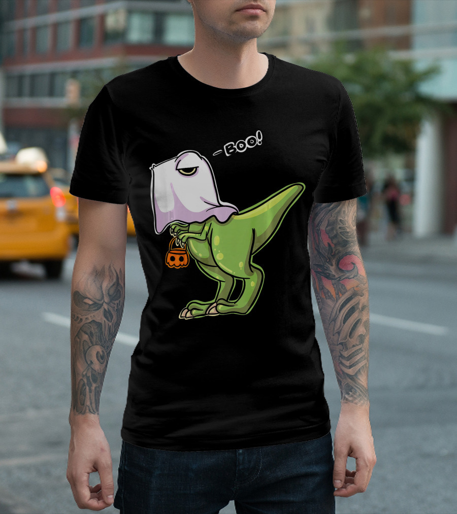 Funny Dinosaur Dressed as Halloween Ghost with Boo Text and Pumpkin T-Shirt
