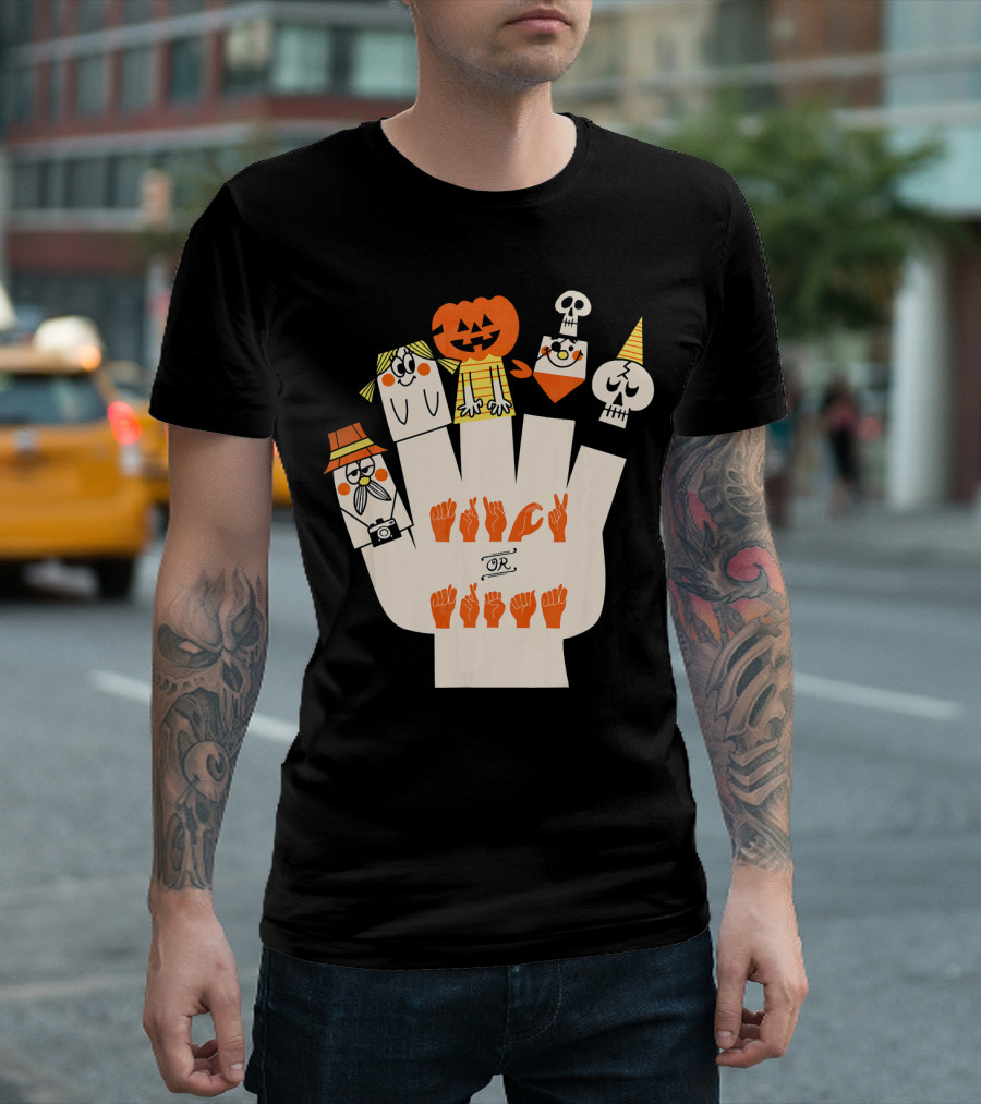 Trick Or Treat ASL Halloween Hand Signs with Pumpkin and Ghost Characters T-Shirt