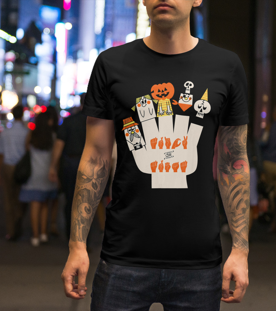 Trick Or Treat ASL Halloween Hand Signs With Pumpkin And Ghost Characters T-Shirt