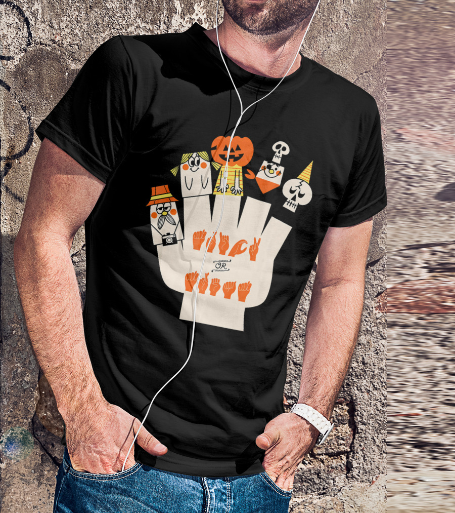Trick Or Treat ASL Halloween Hand Signs With Pumpkin And Ghost Characters T-Shirt