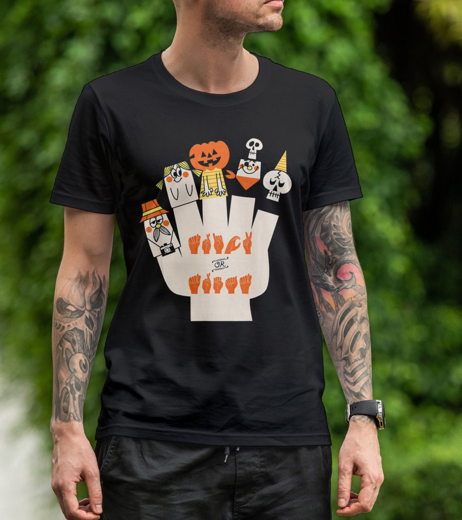 Trick Or Treat ASL Halloween Hand Signs With Pumpkin And Ghost Characters T-Shirt