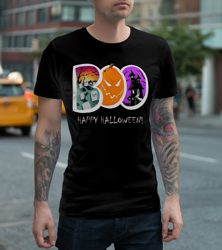 Happy Halloween Boo Trick or Treat Pumpkin Graveyard Haunted House T-Shirt