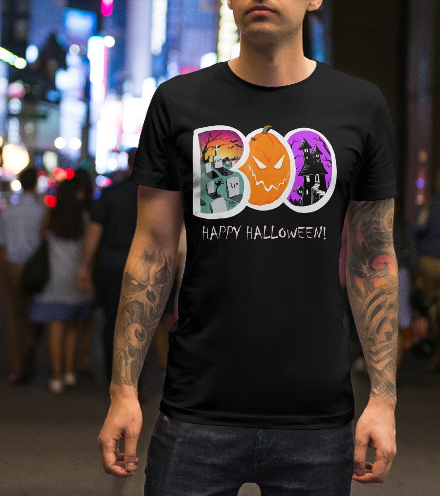 Happy Halloween Boo Trick Or Treat Pumpkin Graveyard Haunted House T-Shirt
