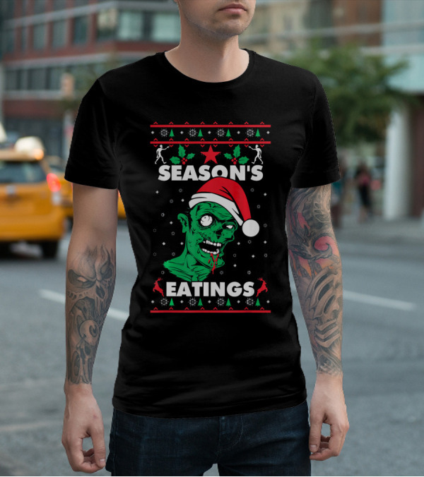 Season's Eatings Ugly Christmas Zombie Santa Hat Snowflakes T-Shirt