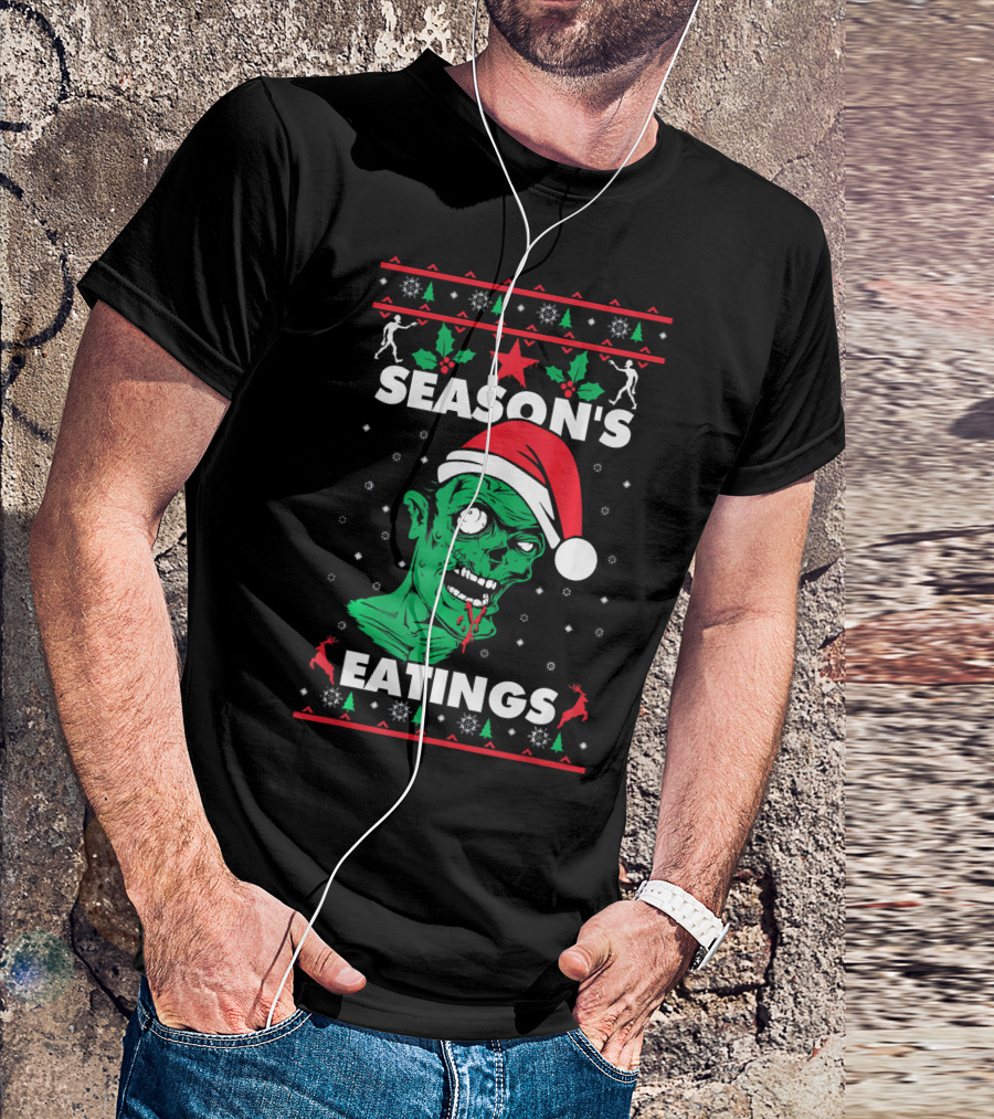 Season's Eatings Ugly Christmas Zombie Santa Hat Snowflakes T-Shirt