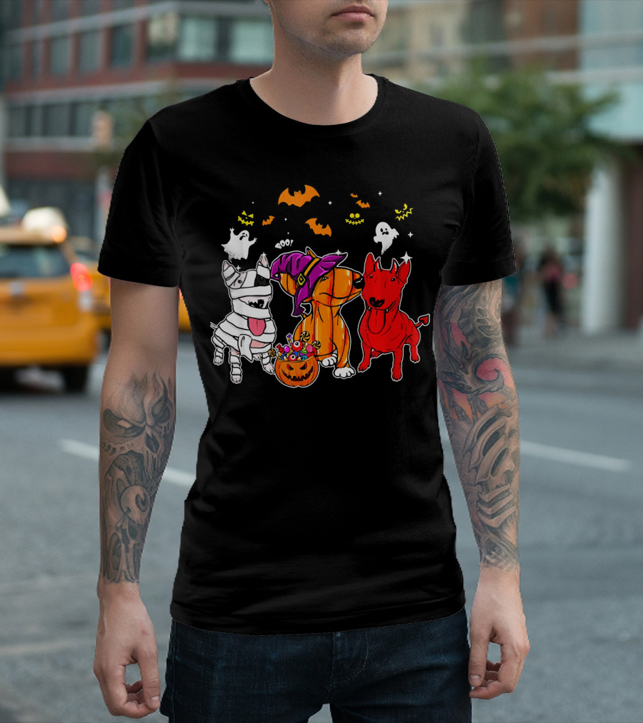 Adorable Bull Terrier Trio In Halloween Costumes With Spooky Ghosts And Bats T-Shirt