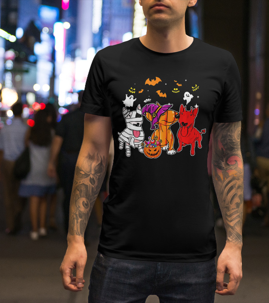 Adorable Bull Terrier Trio In Halloween Costumes With Spooky Ghosts And Bats T-Shirt