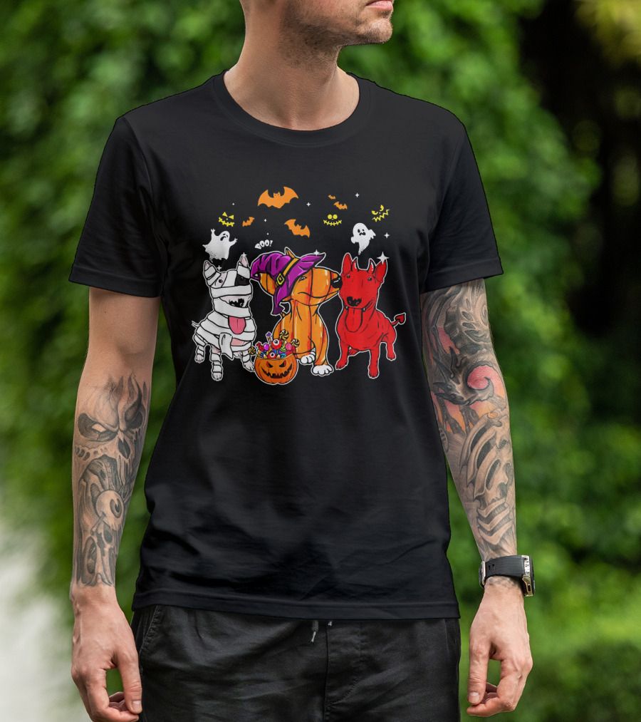 Adorable Bull Terrier Trio In Halloween Costumes With Spooky Ghosts And Bats T-Shirt