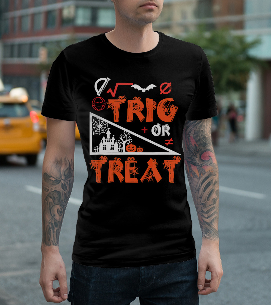 Trig Or Treat Math Halloween Costume Concept With Spooky Castle, Spider Webs, And Math Symbols T-Shirt