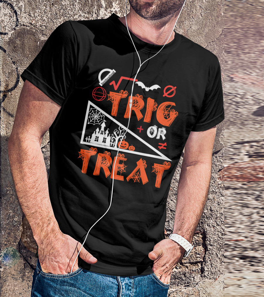 Trig Or Treat Math Halloween Costume Concept With Spooky Castle, Spider Webs, And Math Symbols T-Shirt