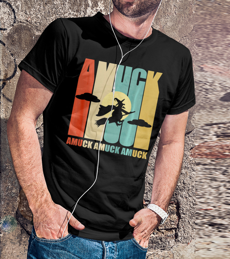 Amuck Amuck Amuck Vintage Witch On Broom Silhouette With Sunset Background T-Shirt