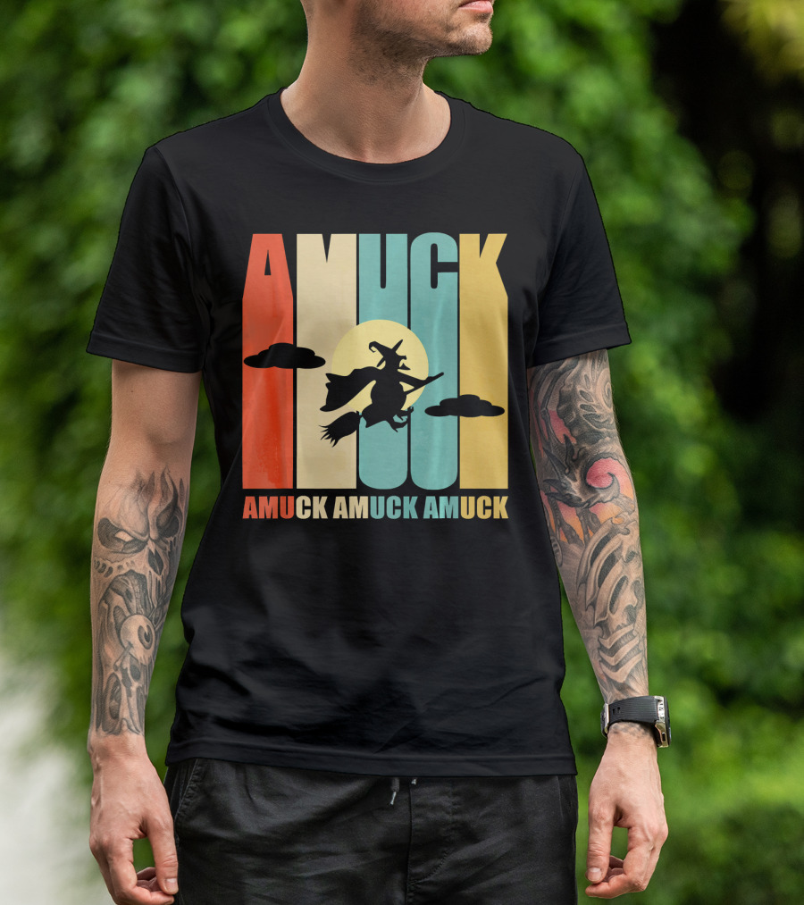 Amuck Amuck Amuck Vintage Witch On Broom Silhouette With Sunset Background T-Shirt