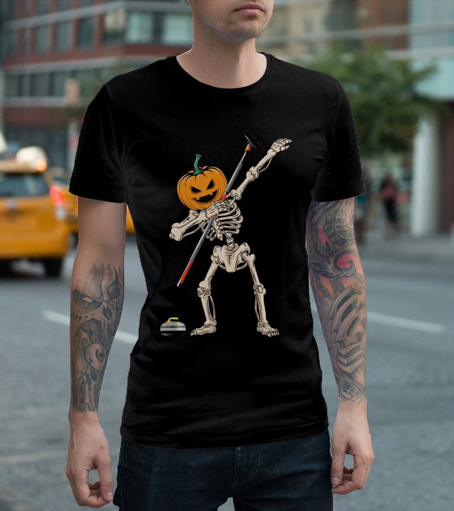 Pumpkin Skeleton Dabbing Curling Halloween T-Shirt