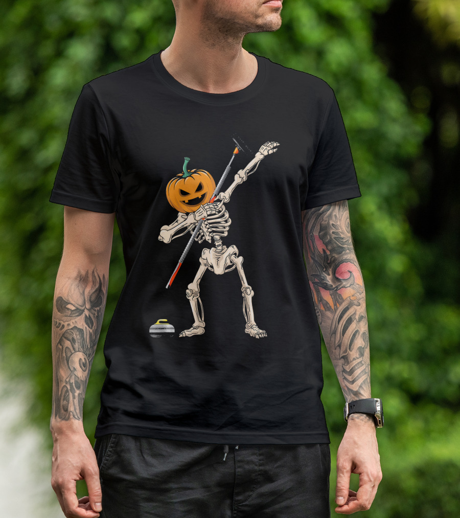 Pumpkin Skeleton Dabbing Curling Halloween T-Shirt