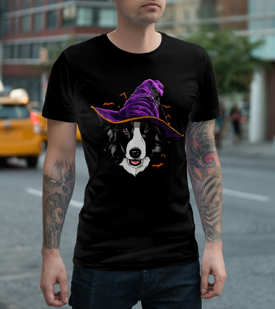 Border Collie Halloween Witch Hat with Flying Bats T-Shirt