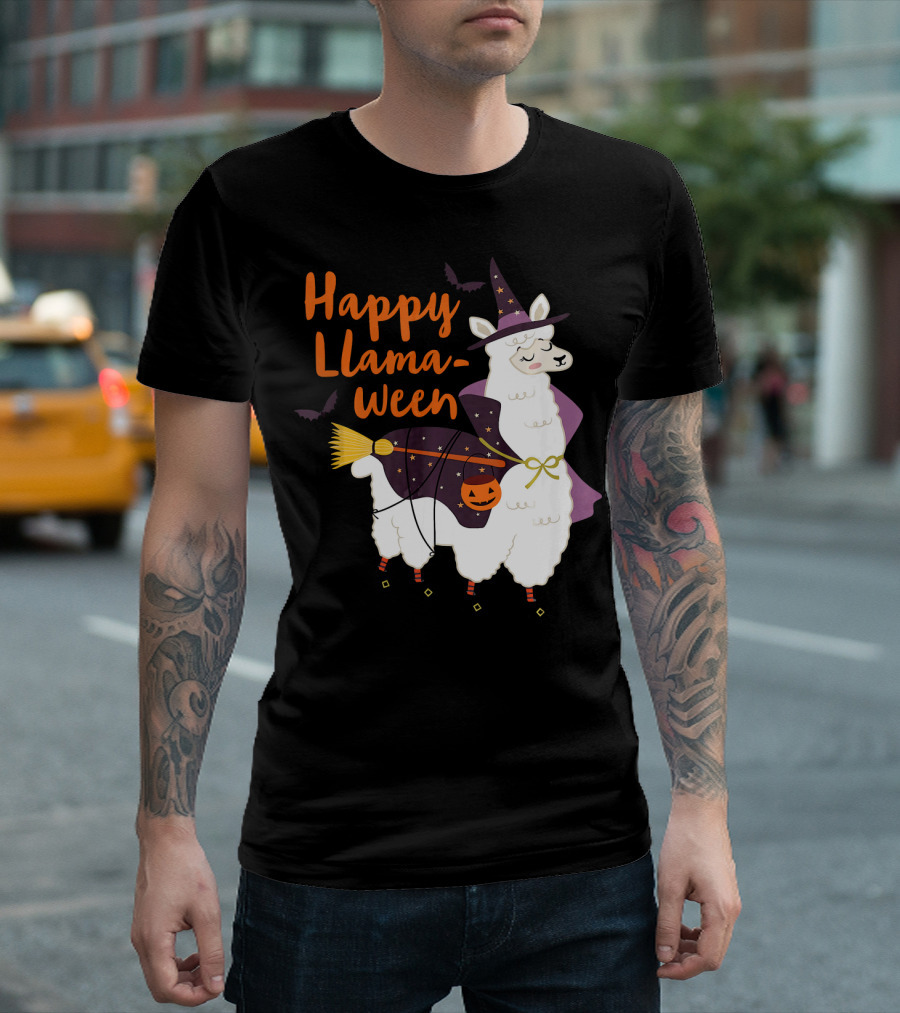 Happy Llamaween Witchy Halloween Llama With Hat And Broom T-Shirt