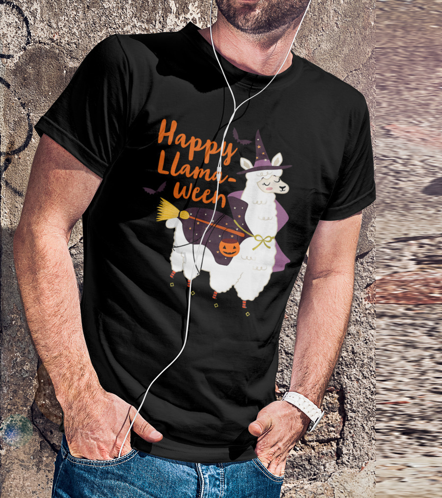 Happy Llamaween Witchy Halloween Llama With Hat And Broom T-Shirt