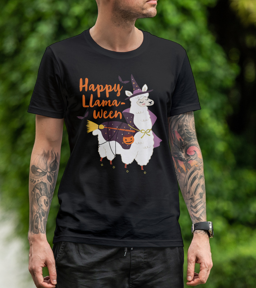 Happy Llamaween Witchy Halloween Llama With Hat And Broom T-Shirt
