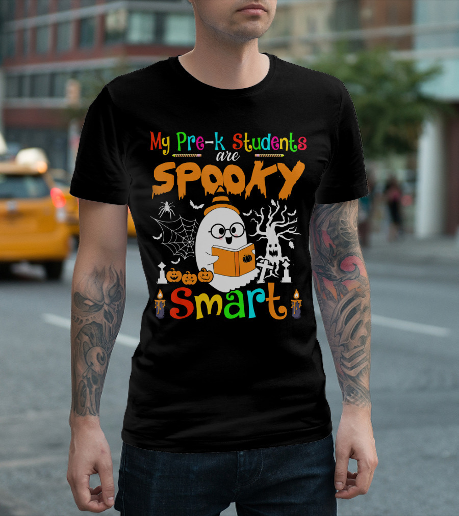 My Pre-K Students Are Spooky Smart Ghost With Book And Halloween Elements T-Shirt