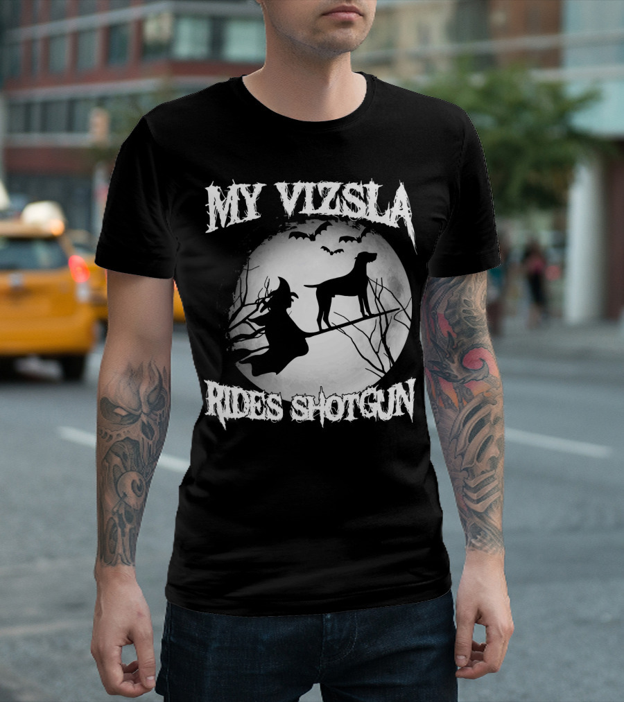 My Vizsla Rides Shotgun Halloween Witch Moon Bats T-Shirt