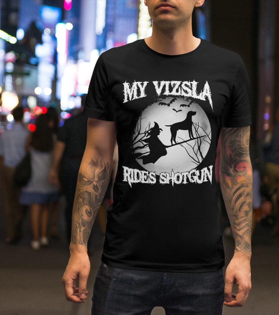 My Vizsla Rides Shotgun Halloween Witch Moon Bats T-Shirt