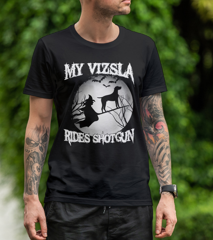 My Vizsla Rides Shotgun Halloween Witch Moon Bats T-Shirt