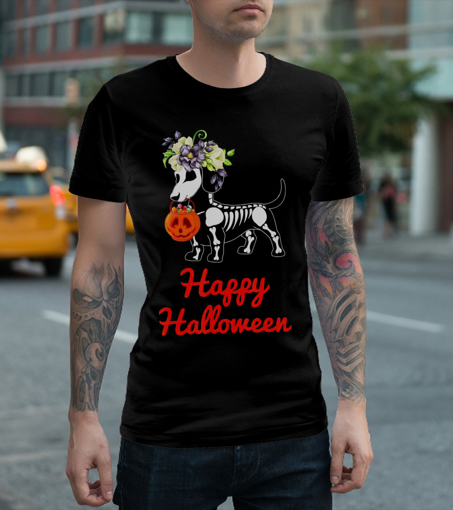 Happy Halloween Skeleton Dachshund with Pumpkin and Floral Crown T-Shirt