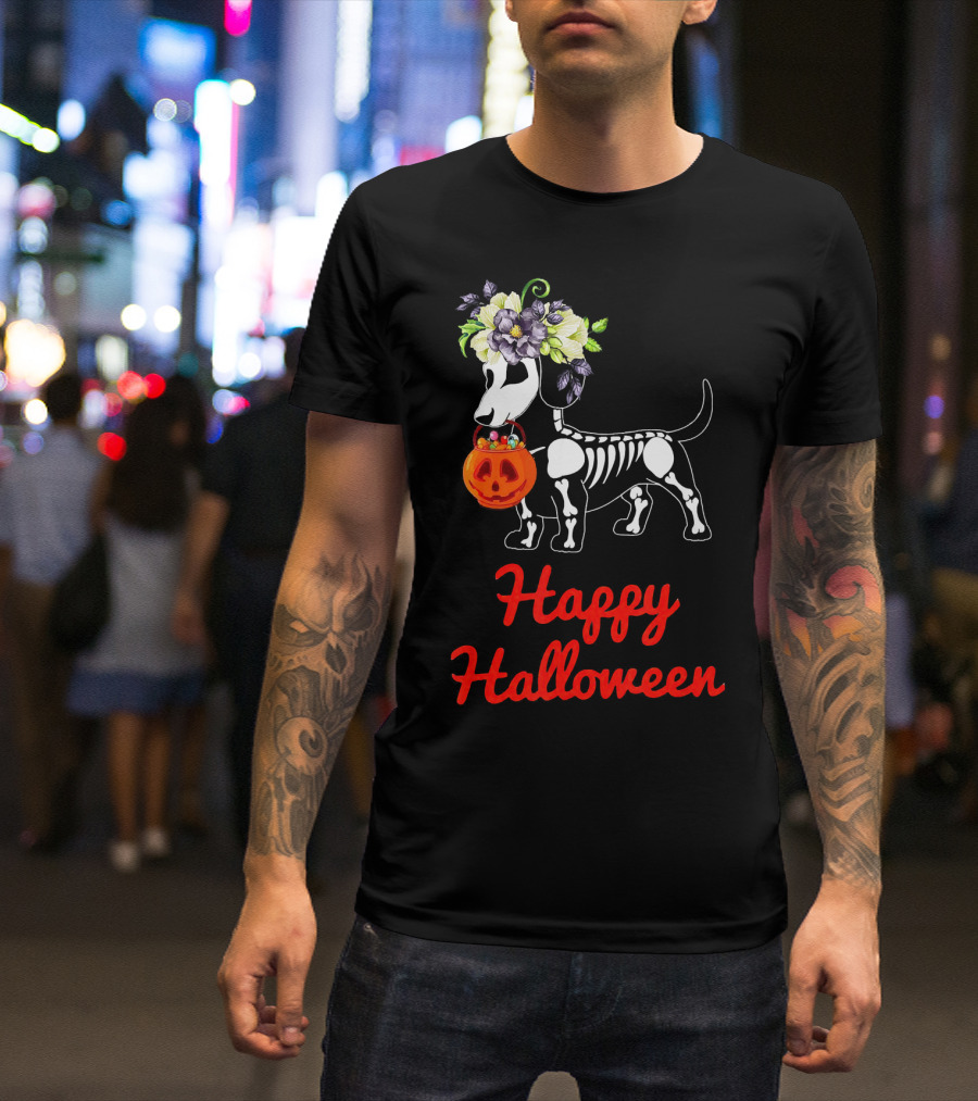 Happy Halloween Skeleton Dachshund With Pumpkin And Floral Crown T-Shirt