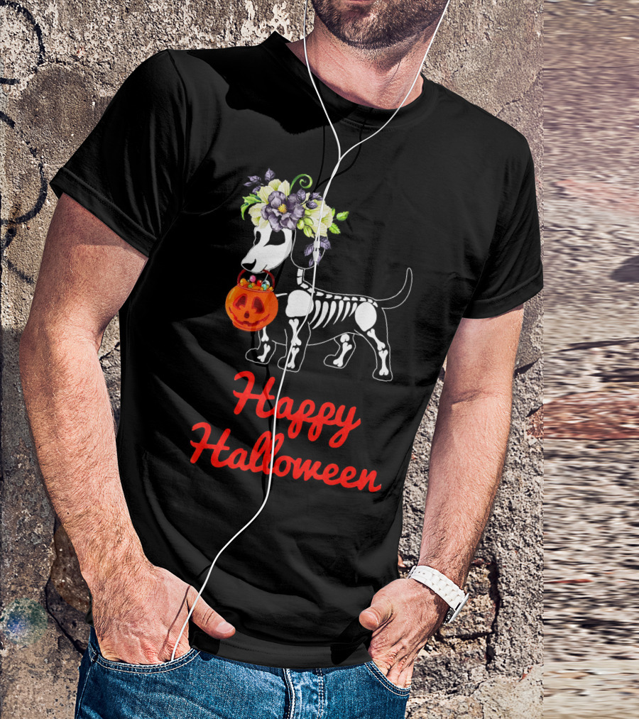Happy Halloween Skeleton Dachshund With Pumpkin And Floral Crown T-Shirt