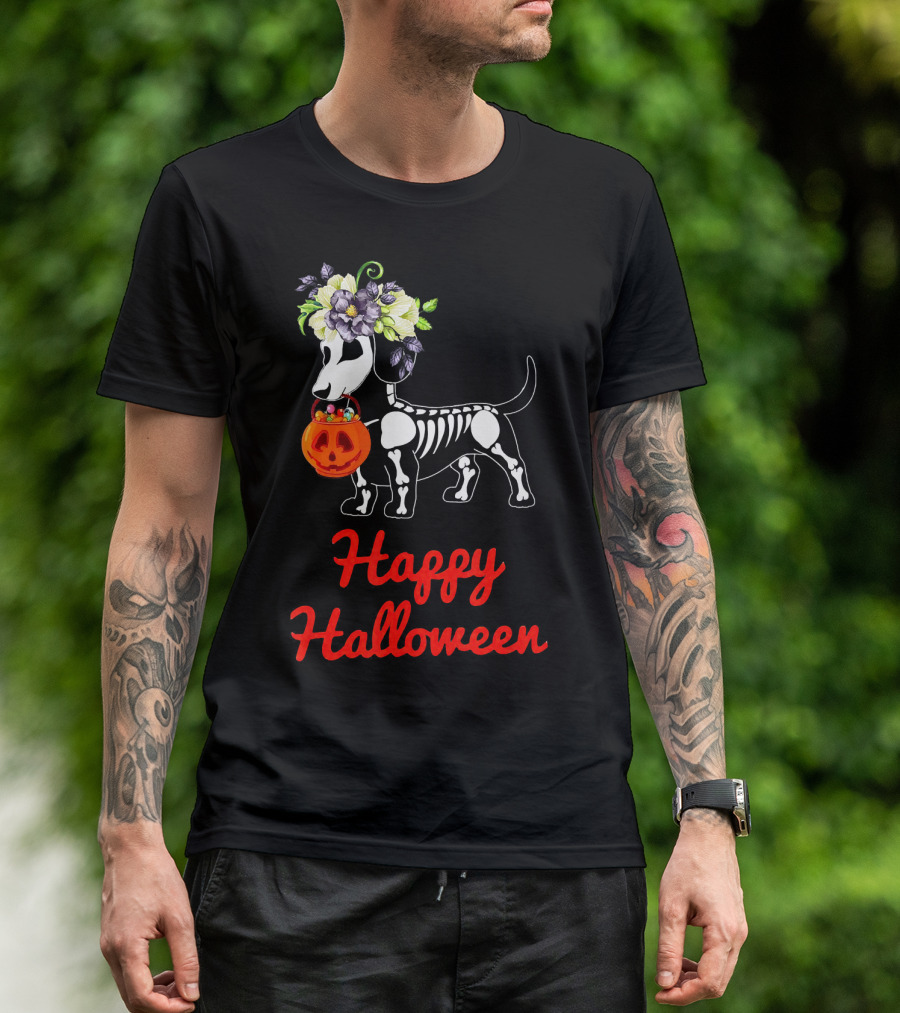 Happy Halloween Skeleton Dachshund With Pumpkin And Floral Crown T-Shirt